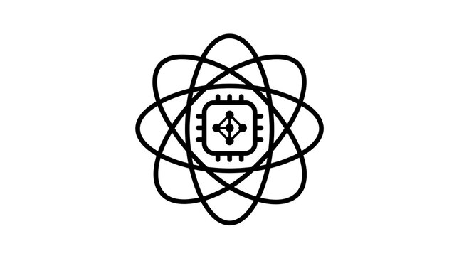 Quantum computing icon with central processor chip and orbiting atomic structure lines