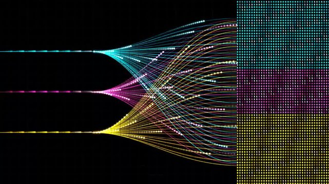 Complex data network lines converging into binary code matrix