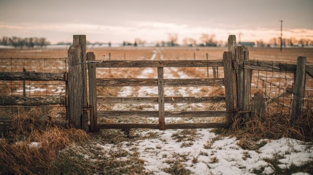 Rustic wooden farm gate in snowy winter field at golden hour dusk