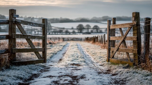 Frost-covered rural farm gate opening onto snowy countryside lane at dawn