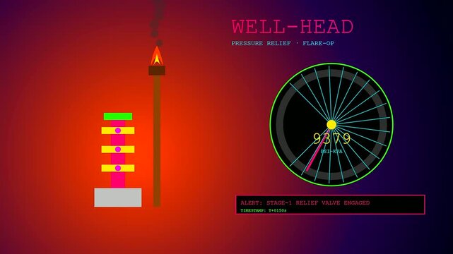 Geothermal drilling system monitoring station shows rising pressure gauge levels on digital screen with active warning alerts as flames flicker atop tall vent stack apparatus