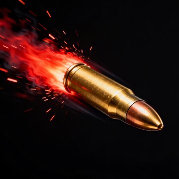 Flying bullet with fiery muzzle flash and sparks against black background