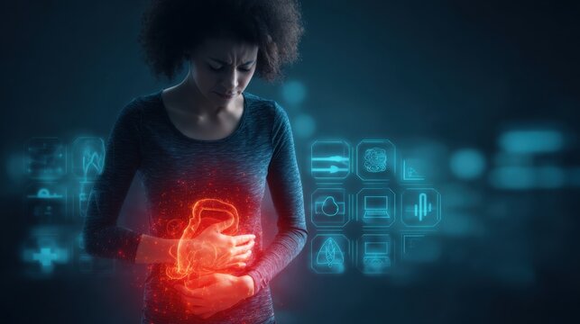 Woman with glowing stomach pain and digital medical icons concept art