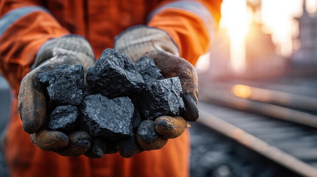 Mine worker in orange safety suit holding coal chunks at industrial site