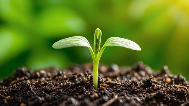 Young green seedlings breaking through the soil, the seedling growth process
