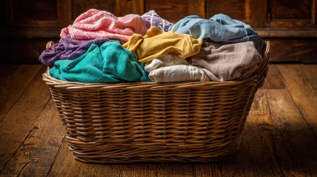 Wicker laundry basket filled with colorful clothes on rustic wooden floor