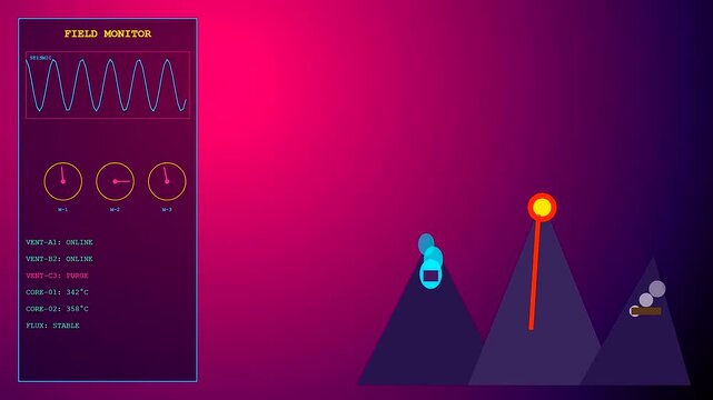 A digital geothermal drilling monitoring interface featuring animated graphic volcanic peaks with pulsating light elements and fluctuating wave forms displayed in a magenta gradient color field