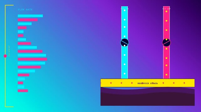 Industrial monitoring of geothermal drilling data displays showing varying flux rates and fluid level changes across three different reservoir strata simulation frames in this animation