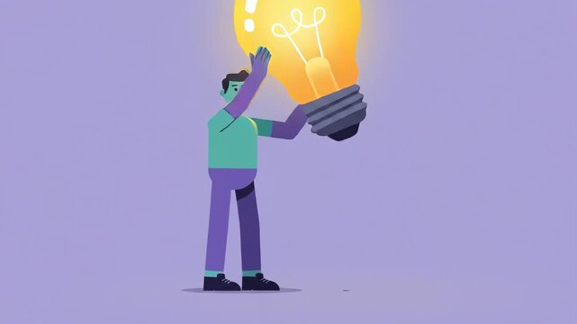 pensive man stands looking at a large glowing light bulb against a flat purple background symbolizing innovation creative problem-solving and the emergence of a bright successful new idea