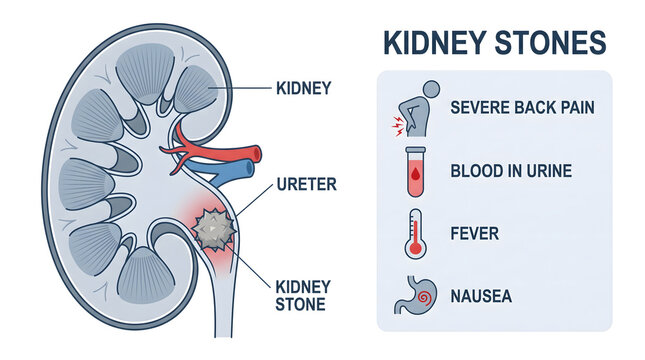 Medical illustration of kidney stones with symptoms and human anatomy
