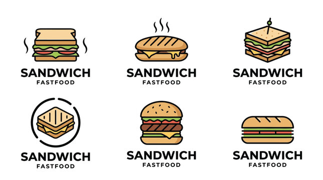Set of six colorful flat vector sandwich icons for fast food restaurants and cafe menus