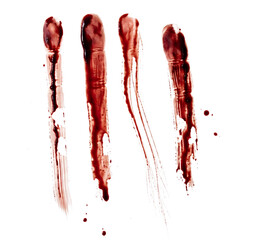 Four bloody fingertips dragged straight down leaving long vertical streaks with dripping ends PNG isolated on a transparent background © Imran