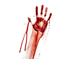 Bloody handprint with fingers spread and blood dripping down the wrist forming a horror PNG isolated transparent background © Imran