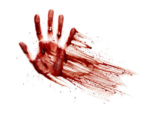 Bloody handprint pressed and dragged across a surface leaving streaked finger marks as a PNG isolated transparent background © Imran