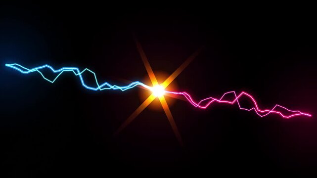Neon blue and pink electric lightning clash with central lens flare effect electricity energy glowing