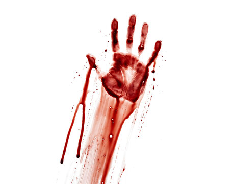 Bloody handprint with fingers spread and blood dripping down the wrist forming a horror PNG isolated transparent background
