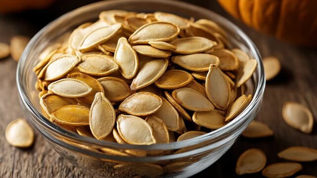 selective focus organic pumpkin seeds snack in bowl