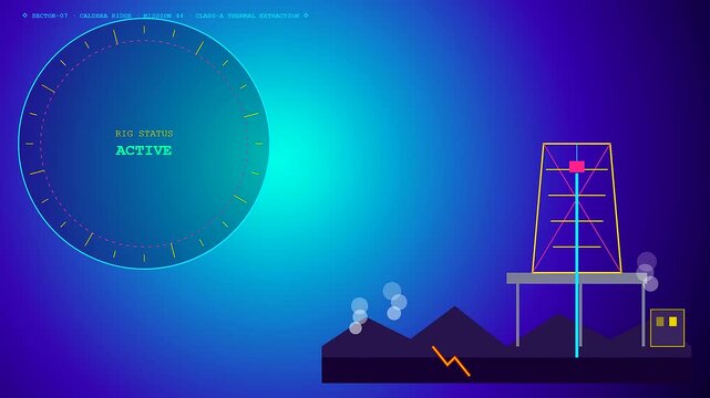 A geothermal drilling animation showing a mechanical rig tower status update on a digital dashboard interface with glowing neon lines and colorful abstract circular radar displays