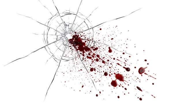 Bullet hole cracked glass with blood spray scattering diagonally across a stark white PNG isolated transparent background surface