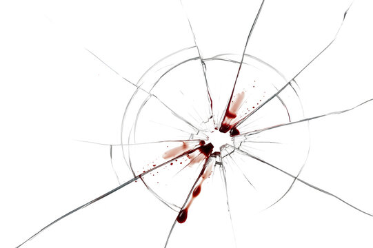 Bullet hole shattered glass with a single thick blood trail dripping down toward a heavy droplet PNG isolated on a transparent background