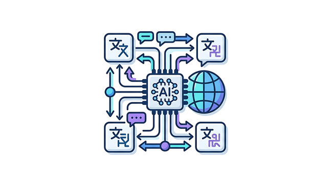 AI translation technology icon with global language processing and digital communication