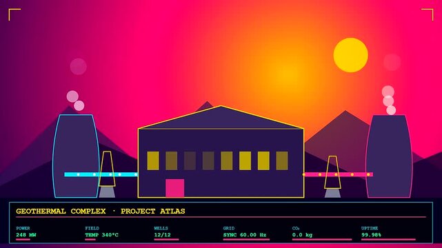 A geothermal drilling station operates within a neon saturated landscape featuring a central processing plant under a glowing sun and moving steam plumes over mountains