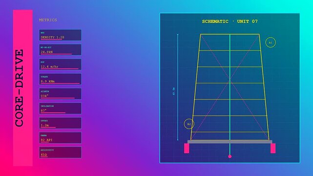 Geothermal drilling telemetry data displays show real time structural schematics with numerical metrics tracking depth and density adjustments across a shifting neon interface for energy analysis