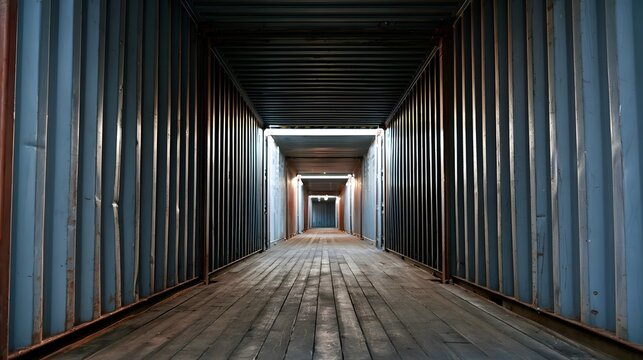 Long view inside a freight container with wooden floor and metal walls  showing perspective and depth