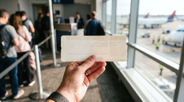Hand holding blank boarding pass at airport departure gate before flight
