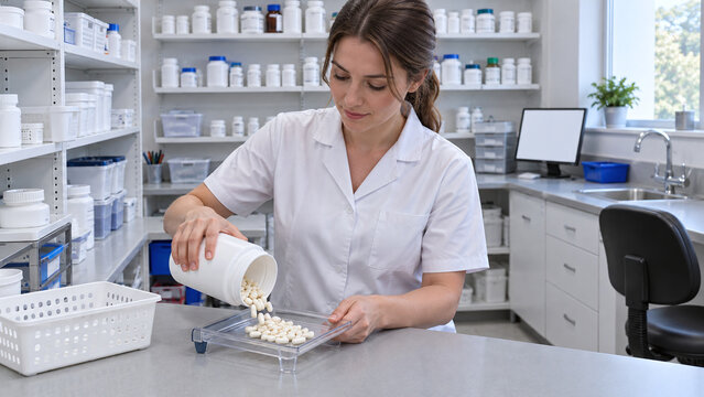 Female pharmacy technician decanting white capsules onto a counting tray