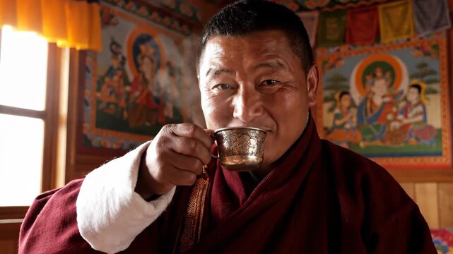 Tibetan man holds silver cup indoors, man tastes butter tea
