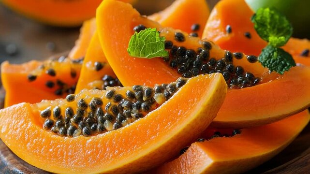 selective focus sliced papaya pieces with vibrant orange color on clean background