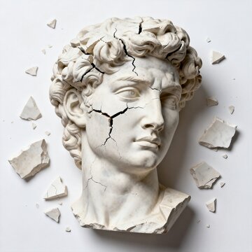 Broken Classical Marble Bust of Male Figure on White Background