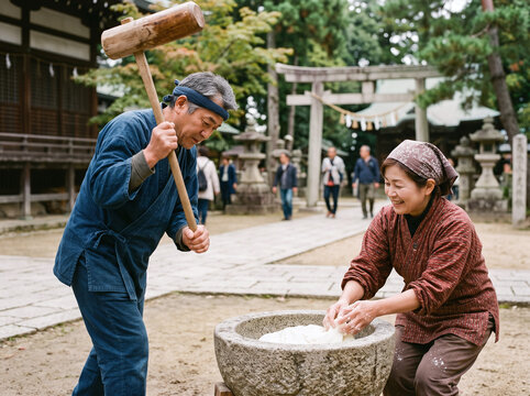 Japanese couple pounding rice dough during New Year mochitsuki at a shrine