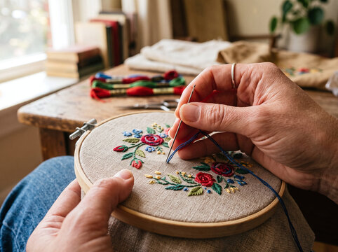 Hands embroidering colorful floral pattern in a wooden hoop at cozy home