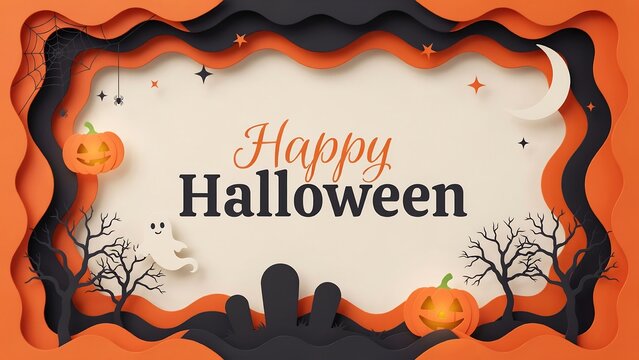 Happy halloween paper cut style background with pumpkins ghosts and trees in orange and black