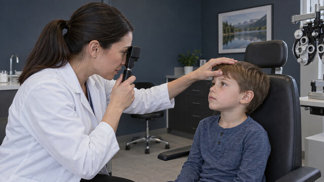 Female optometrist examining a young boy's eyes with retinoscope in modern clinic