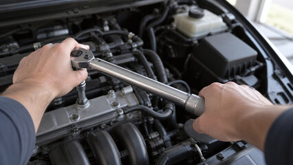 Fototapeta premium Auto mechanic using a torque wrench to tighten bolts on a car engine bay