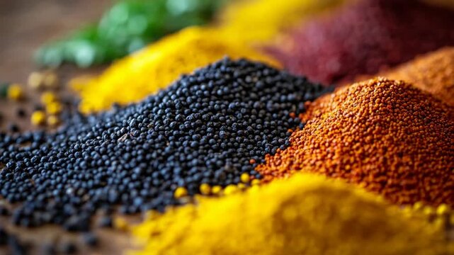 selective focus culinary spices mix cumin turmeric coriander rich color contrast