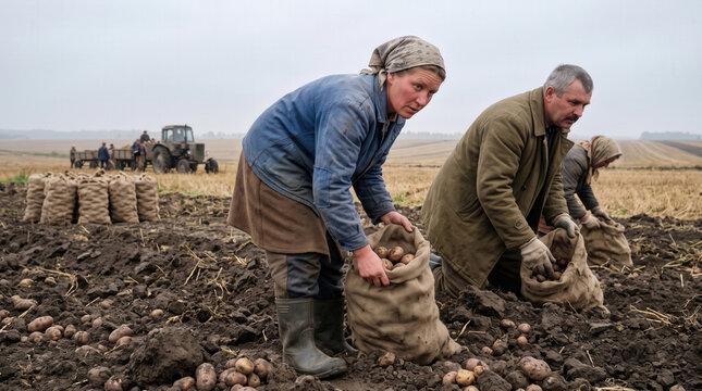 Farm Workers Gathering Potatoes into Sacks in an Autumn Field