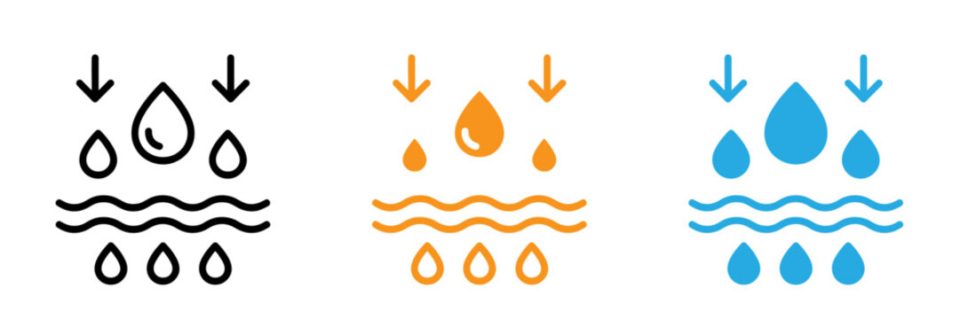 Water drop icons set showing rain falling into waves in varying colors