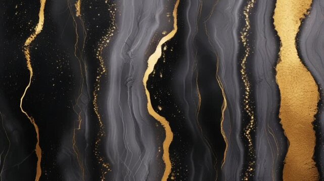 A luxurious abstract texture featuring a blend of deep black, dark gray, and streaks of metallic gold resembling liquid marble.