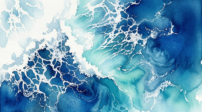Abstract Watercolor Ocean Waves and Seafoam Texture - Blue and Teal Colors