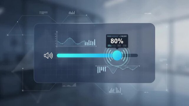 digital volume control interface set to thirty percent adjustment overlaid on a blurred modern professional office environment background with abstract data graphic elements