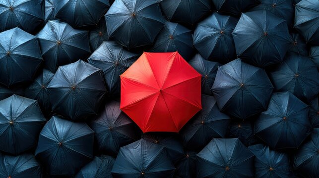 A striking red umbrella stands out among a sea of identical black umbrellas, symbolizing uniqueness and individuality.