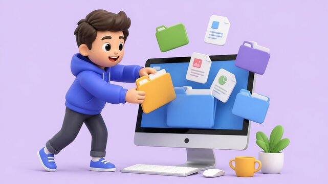 Organized Data: A young boy is carefully organizing files on a computer, with digital folders flying around him and a stylized plant adding a touch of life to the scene.