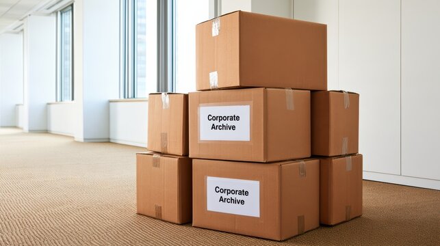 Stacked cardboard boxes labeled "Corporate Archive" sit in a bright, empty office space with large windows and carpeted floors.