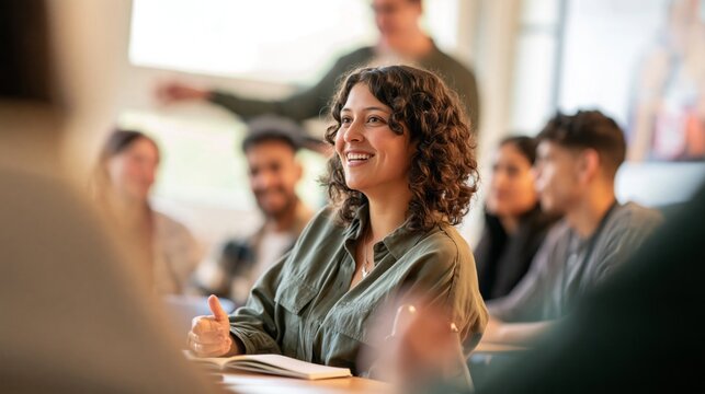 Smiling woman listens attentively in a classroom