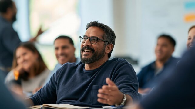 Man smiles warmly, gesturing during lively meeting