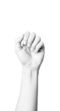 Black and white human hand fist gesture made of halftone dots pattern design element for graphic projects isolated on transparent background, illustration